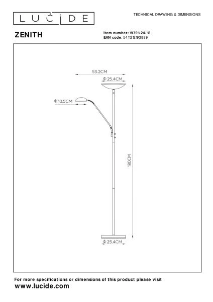 Lucide ZENITH - Floor reading lamp - LED Dim. - 3000K - Satin Chrome - technical